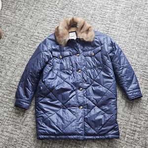Aerie Navy Puffer Coat with Faux Fur Trim